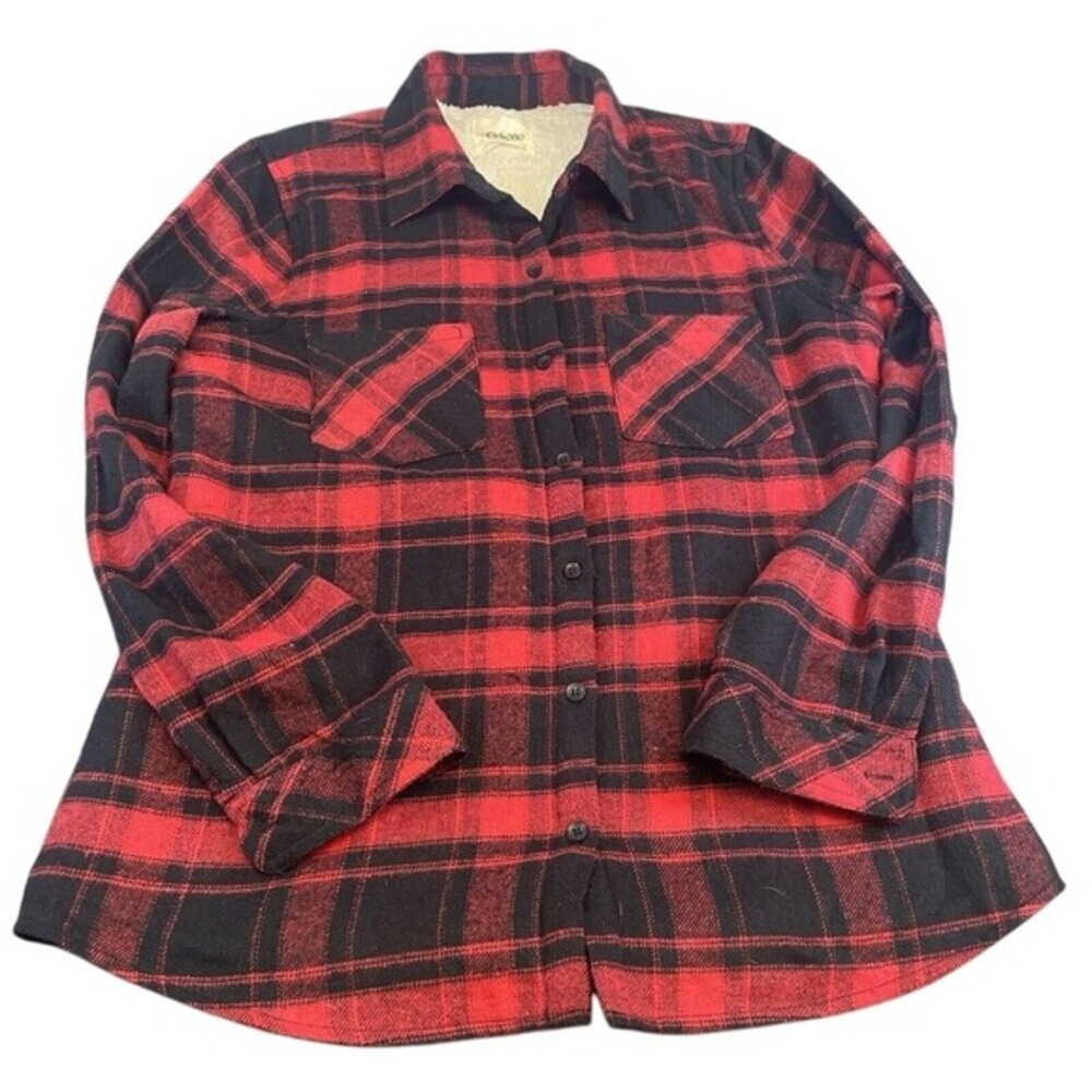 Ci Sono Women Shirt Jacket Red Black Buffalo Plaid Sherpa Lined Size L PTP50